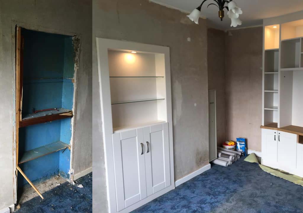 Before and after pictures of a sitting room with our TV unit and shelving we have recently fitted