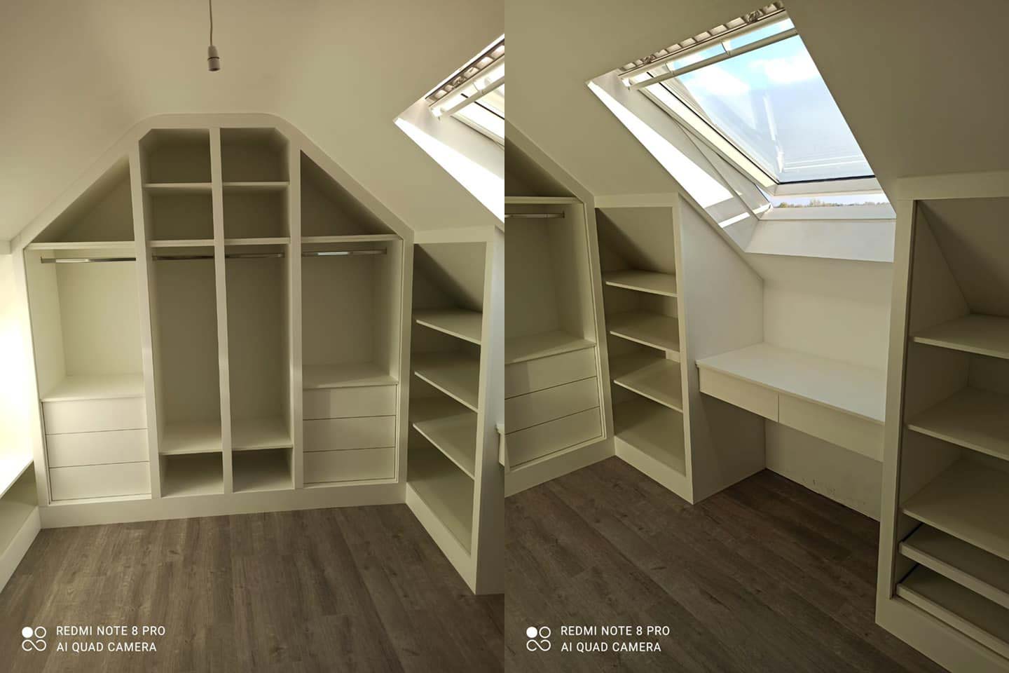 Simple white walk in wardrobe with push to open drawers and shoe shelves, loads of hanging space and plenty of shelves
