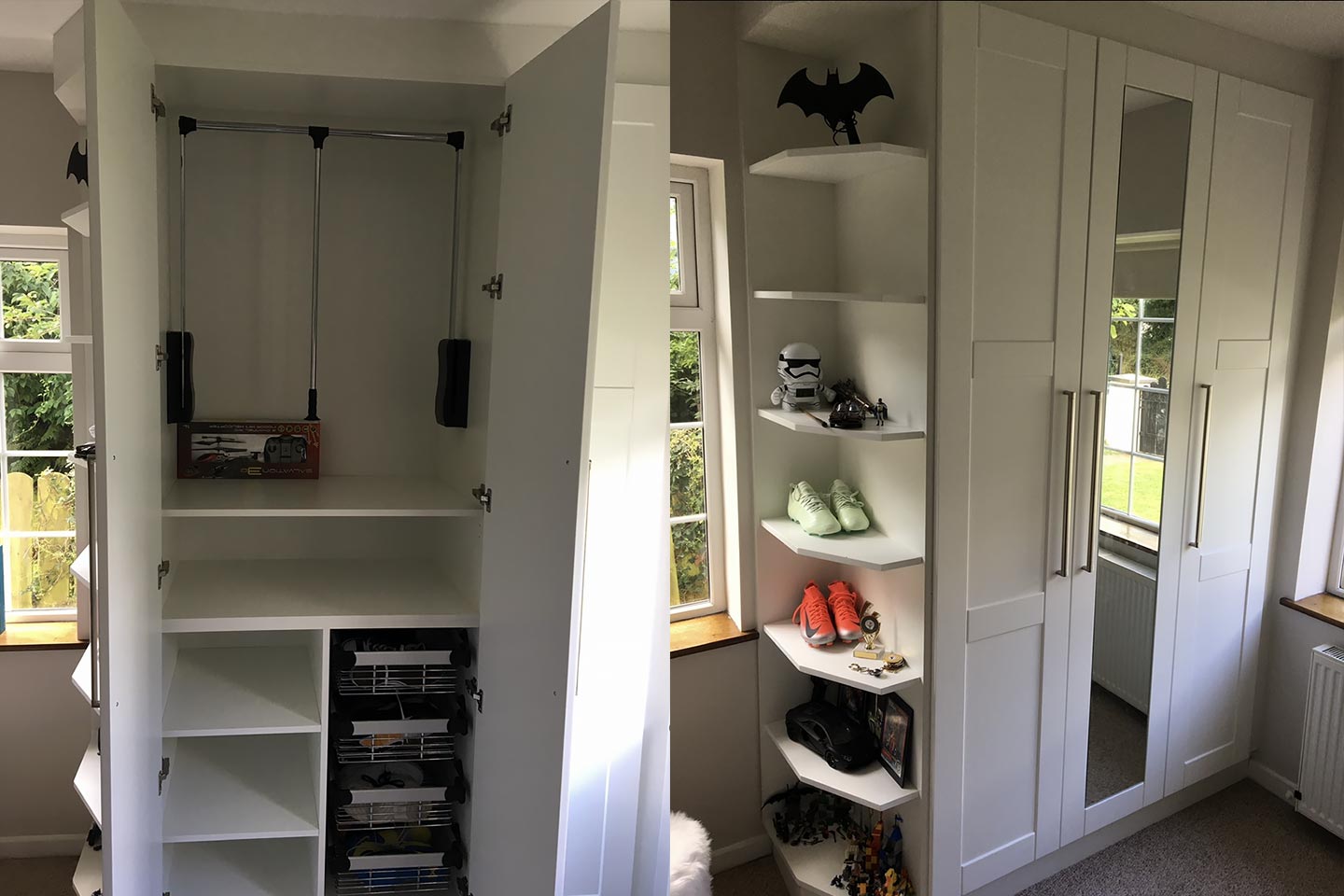 Floor to ceiling wardrobe with pull down hanging bar, wire baskets,  shelving and angles corner shelves.